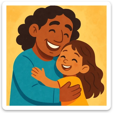 A brown-skinned dad with shoulder-length curly black hair, hugging a young girl with light brown skin and long wavy brown hair, both smiling, soft and colorful style sticker