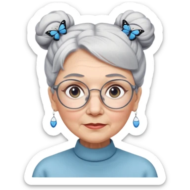 A beautiful grandmother with a delicate face and white/grey hair styled in high buns. She has steely blue/grey eyes and an intense gaze, and wears pretty glasses with butterfly frames. No background sticker