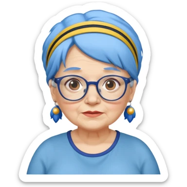 fat old woman with blue hair and glassess and headband sticker
