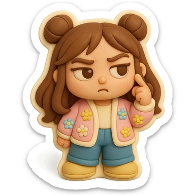 3D chibi fondant cake art style, high-quality rendering with smooth shadows and soft gradients. Girl based on reference image with preserved facial features and eye shape, long brown hair in two space buns, brown eyes, jeans, pastel floral cardigan, shoes, thick white outline like a sticker, transparent background. Expression: Spinning finger near her temple with a contemptuous expression (no whistling). Ensure the face, hairstyle, eye shape, and shoes match the reference exactly. sticker