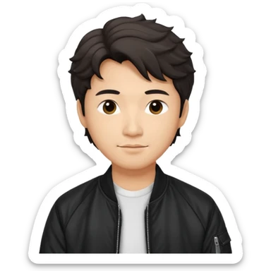 Handsome and mature Asian guy wavy hair, dressed cool in black bomber jacket, demure but with a smirk  sticker