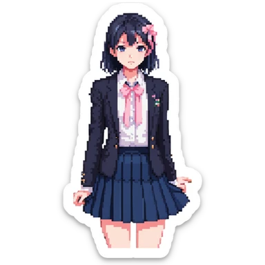 Japanese anime schoolgirl in a navy blazer, white blouse with pink ribbon, navy pleated skirt, standing in a classroom at sunset with orange glow and long shadows, one desk pulled out, black shoes, looking toward window, mood of absence and longing sticker