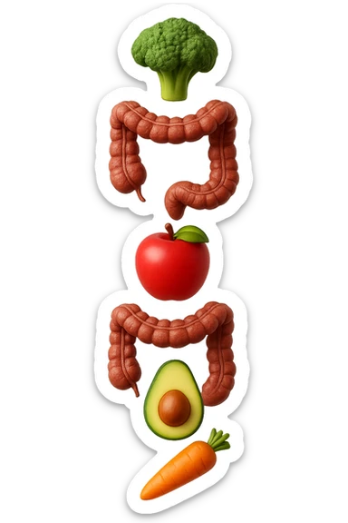 emoji stile iphone in 3d di cibo sano che fluttua in aria vericalmente insieme a pezzi di colon umano anatomico, iperrealistico 4k sticker