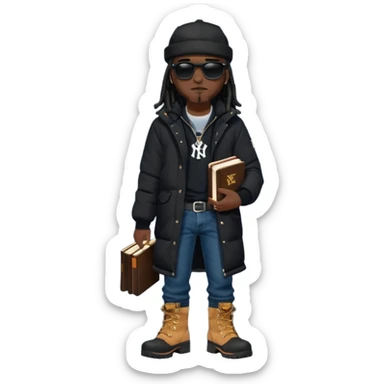 African American man with shoulder length black dreadlocks and black sunglasses wearing a black New York Yankees baseball hat with a North Face brand bubble winter coat with denim skinny jeans and timberland boots walk holding a holy bible sticker