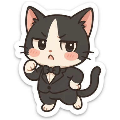 Make a cow cat into a cat in a tuxedo, with black and white fur and a tsundere, cute expression. Keep it in a playful chibi sticker style with no background. sticker