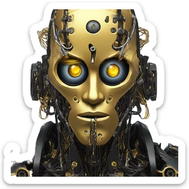 black metal male cyborg head with artificial eyeball, circuitry and wispy yellow gold hair sticker