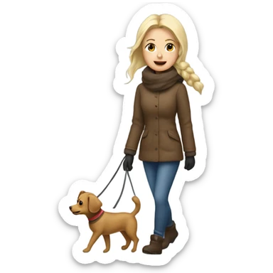 A cold day with snow and ice and a blonde woman walking a tiny brown dog  sticker