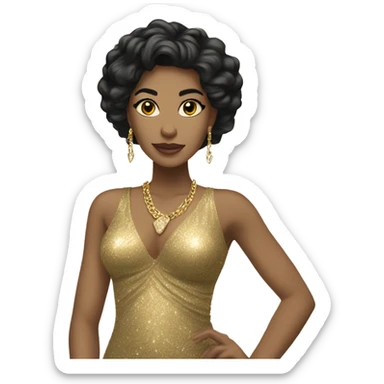 light skin woman with long black hair in gold sparkle dress with gold jewelry sticker
