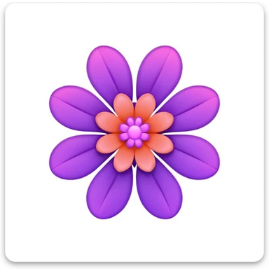 minimal tech-flower emoji with five smooth purple petals in a circle, glowing coral-pink center, light pink rounded rounded square background, futuristic elegant sticker