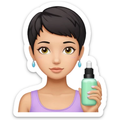 tan girl with black hair & a pixie cut no earrings doing cute pastel colors skin care sticker