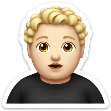 A morbidly obese girl with short blonde curly boy hair and a black sweater sticker
