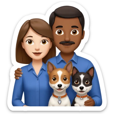 Quiero a una mujer blanca  con el pelo por el hombro lacio castaño  con un hombre de color morochito con el pelo negro y bigote, ambos felices  y un solo perro blanco Fox terrier  sticker