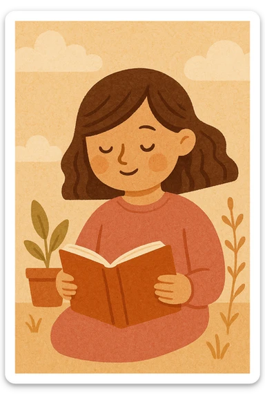 a girl in pink clothes reading a book, warm and friendly style, soft warm colors, inviting atmosphere sticker