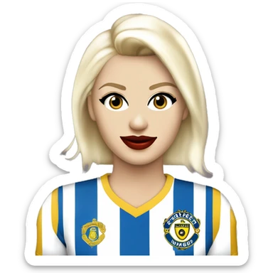 Jesse Maley pretty older white Swedish looking Playboy model looking with Blue eyes, a sexy smile, with big Red lips and almond shaped eyes with long eyelashes, platinum blonde blonde, pixie, cut haircut and golden skin and Leeds united shirt and badge sticker