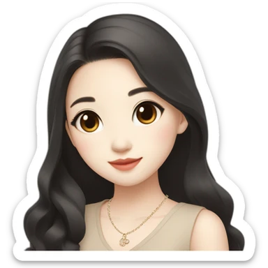 cute singaporean-chinese girl in Muji beige dress with long black hair and van cleef clover necklace sticker