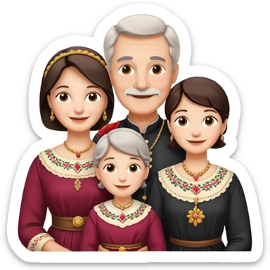 Indiana family with a 70 years old father and mother and a 40 years old daughter. They wear a traditional dress. They are smiling. sticker