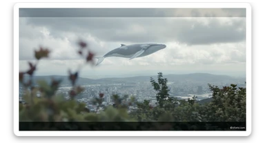 A cinemaatic still of a city, blurred plants in the foreground, huge whales fly above city sky, rolling hills in the background, cinematic depth of field, layered composition, natural lighting sticker