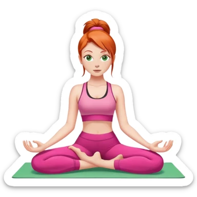 Long red head white girl with green eyes doing yoga wearing pink sticker