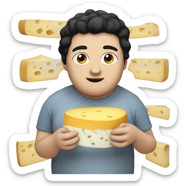 Fat white boy with black hair eating cheese sticker