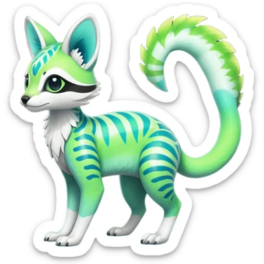 Rare realistic iridescent neon lime-green & cyan white gradients lush tropical exotic cute epic pretty beautiful handsome gorgeous aesthetic colorful vibrant Vernid-Protogen-Primagen-Wickerbeast-Genet-Trico-species-Fakemon-hybrid-creature by LiLaiRa, beautiful intricate markings, full body sticker