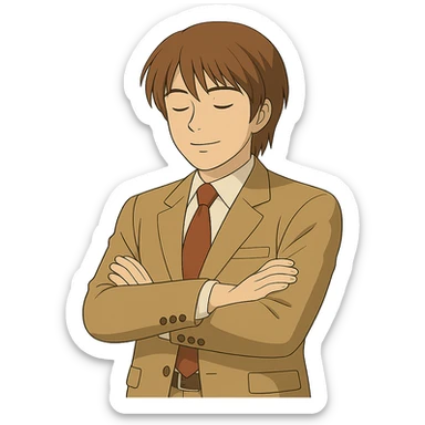 Create an exact Light Yagami in Ghibli style, standing with arms crossed and eyes closed. Keep the same suit, pose, and confident expression. Match the face, hair, and suit details exactly to the reference, especially the eye shape and facial proportions. Transparent background. sticker