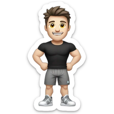Joyful Celebrating victory Pale skinned Fit Man With the biceps and dark brown hair in black shirt, gray sports shorts and white Sneakers sticker