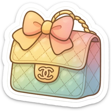 a cute and exaggerated chibi stickers style Chanel purse with a rainbow gradient and big bow sticker