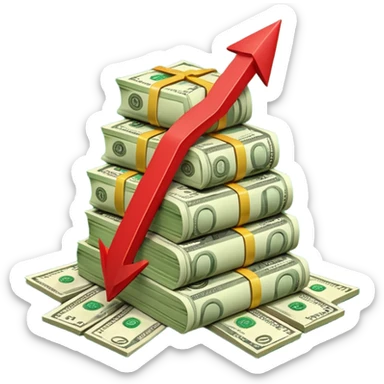 a pile of money infront of strategy paper with red arrow up sticker