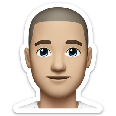 A slavic guy with blue eyes, light skin, shaved dark hair under 0.5, white T-shirt, silver earring piercing with cross on left ear. sticker