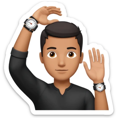 diverse man wearing a black strap watch on his wrist portrait, head and shoulders only, wrist raised slightly showing the watch clearly, modern style, 3D cartoon, mobile game icon style, clean background, no text, no watermark
 sticker