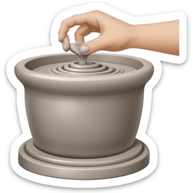 thumb pressing side of clay onto a silver pottery wheel, thumb at the bottom of the clay, pottery gesture sticker