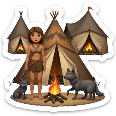 a NEANDERTHAL WOMAN WITH BROWN HAIR STANDING BY A FIRE AND TENT WITH BLACK WOLF sticker
