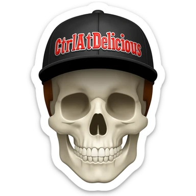 Create a skeleton head wearing a black baseball cap that says " CtrlAltDelicious " in Red, and white lettering, with brown hair sticker