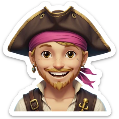Clash of Clans aesthetic Playful Pirate Portrait Emoji, Head tilted with a roguish, cheeky grin and twinkling eyes, featuring a compact, spirited build with a jaunty hat and a quirky bandana, his natural skin tone evident, Simplified yet irresistibly charming features, highly detailed, glowing with a warm, inviting oceanic glow, high shine, spirited and lively, stylized with an air of whimsical maritime mischief, soft glowing outline, capturing the essence of a playful pirate exuding friendly rogue charm! sticker