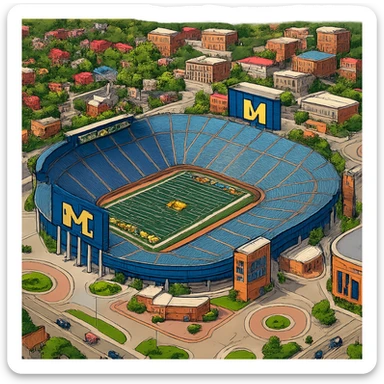 Изометричная, яркая, детализированная и фотореалистичная иллюстрация стадиона Michigan Stadium в стиле 3D-коллажей городов, насыщенные цвета, аккуратные линии, мультяшно-реалистичная стилистика. Чёткие контуры, прозрачный фон, высокое качество. sticker