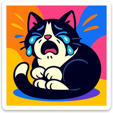 crying tuxedo cat curled up and sobbing, colorful background, vibrant toon style sticker
