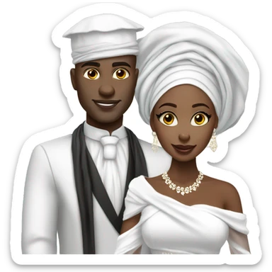 African bride and groom. White gele head wrap with white off shoulder dress. No Turban sticker