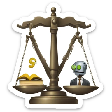 a balance of justice with a robot head in one side and a school on the other side sticker