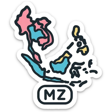 Southeast Asia map zone, flat design, pastel colors, labeled MZ, icon or logo style sticker
