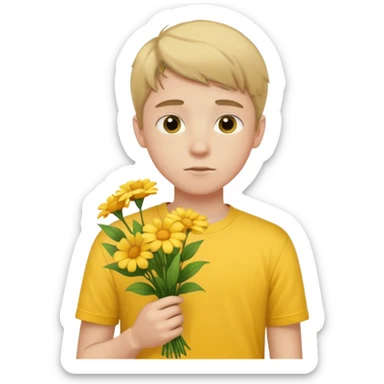 generate an ios genmoji of a 20 year old fair boy with 3 very faint upper lip  hair. should look like he cant grow a mustache., carrying a flower bouquet, wearing a yellow tshirt, looking shy sticker
