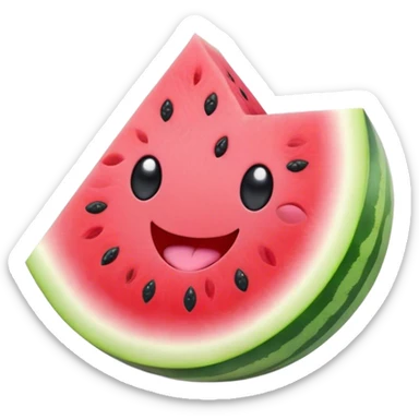Cute Kawaii Watermelon Slice, juicy and vibrant, soft pastel green rind with pink flesh, tiny black seeds shaped like hearts, an adorable happy face with cute round eyes, bursting with summer energy! sticker