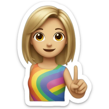Girl with rainbow flag in the back doing a peace sign and a winky face sticker