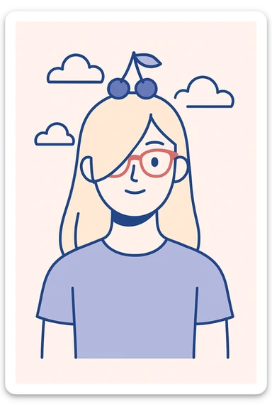 A woman with long blonde hair covering one eye, wearing a baby blue shirt, cherry accessories on top of her head, and red glasses, clean modern illustration style sticker