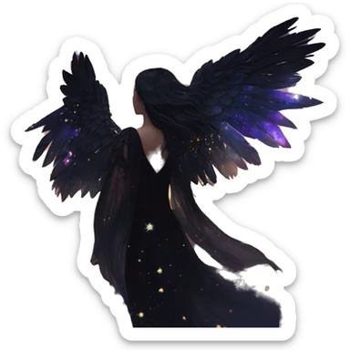 Black Raven wings bohemian girl Ethereal galaxy constellation girl angel raven wings black wings, gold arrow, nebula, flower crown, fairy lights, iridescent, nature, shot by golden arrow sticker