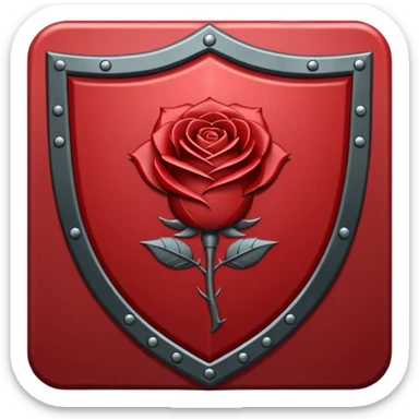 A bold, symmetrical shield icon in deep blood red (#7A0F1E) with a sharp silhouette and slightly pointed base. Centered on the shield is a stylized rose with subtle thorn accents — clean but slightly angular, giving it a defensive edge. sticker