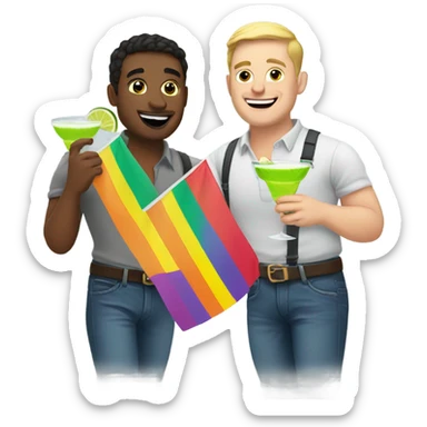 Gay white men drinking margaritas with a pride flag sticker