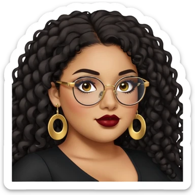 teen big plus size, latina, darker tan skin, gold earrings, long black curly hair, baddie,pretty, makeup, dark red lipgloss, black eyeliner, long hair, black top, black glasses sticker