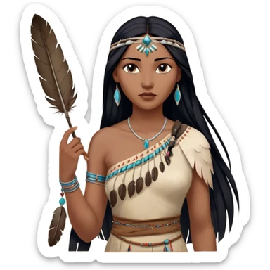 Cinematic Realistic Pocahontas Portrait, depicted with lifelike skin texture, soft natural lighting, and intricately detailed long, flowing raven-black hair that moves gracefully in the wind. Her deep, soulful dark brown eyes exude wisdom and strength, complemented by a serene yet powerful expression. She is shown gently holding a feather in one hand, her other hand resting lightly at her side, embodying the harmonious balance between nature and herself. She is dressed in her classic one-shoulder native American dress, with rich fabric textures and delicate beaded details that catch the light beautifully. The portrait features a soft, sun-kissed glow with a natural, radiant finish, capturing the essence of untamed beauty and deep connection to nature in a realistic and painterly style, evoking a sense of depth and authenticity. sticker