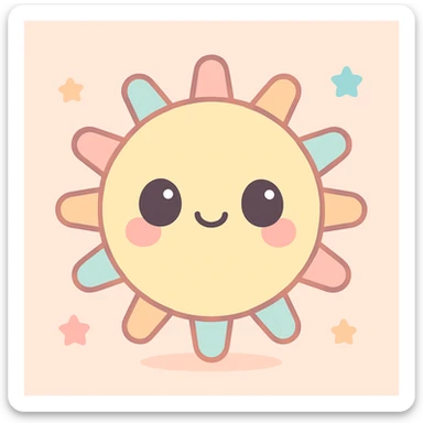 kawaii-style sun character, round and cheerful, animated to bounce gently, pastel colors sticker