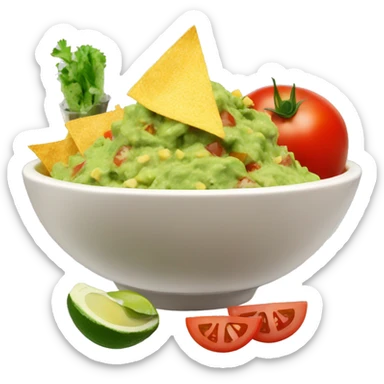 Bowl with guacamole with tomatoes, feta cheese, salt and pepper, and a side of nachos  sticker